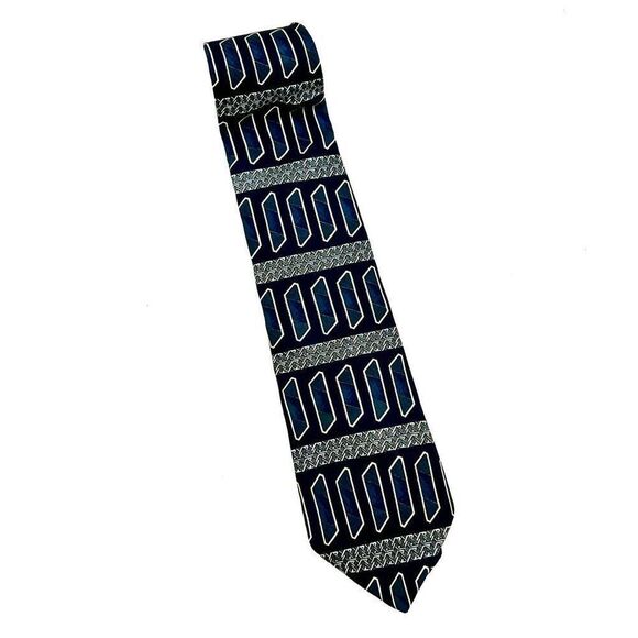 Savile Row 100% Silk Made in USA Tie Multi patterned Blue Black and White - Picture 1 of 7